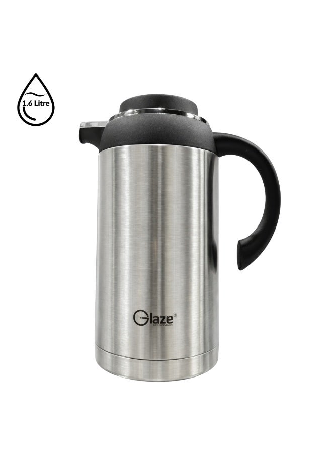 جليز ترمس من الفولاذ المقاوم للصدأ سعة 1.6 لتر، غطاء بزر ضغط، مقبض قوي وقاعدة مانعة للانزلاق، يحافظ على المشروبات ساخنة وباردة، فضي اللون - Image 1